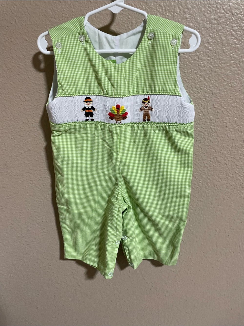 Classic Whimsy Green Smocked Kids Thanksgiving Romper